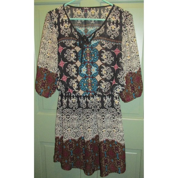 BEBOP Juniors Multicolor Printed Chiffon Elbow Sleeve Rustic Boho Dress Size S - Picture 1 of 10
